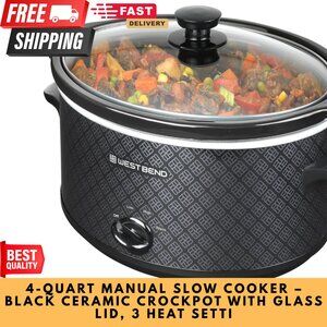 4-Quart Manual Slow Cooker – Black Ceramic Crockpot with Glass Lid, 3 Heat Setti